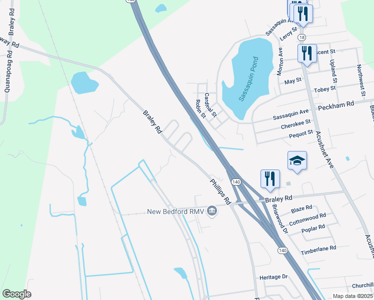 map of restaurants, bars, coffee shops, grocery stores, and more near 10 Angelica Avenue in New Bedford
