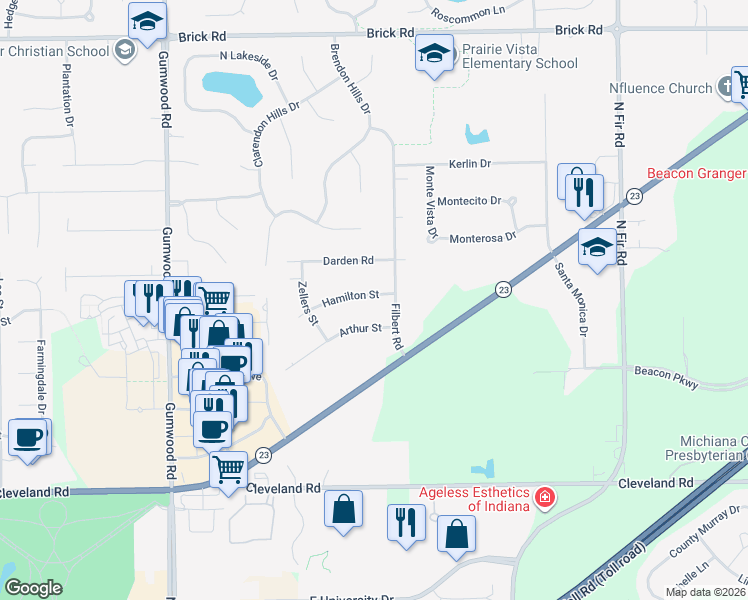 map of restaurants, bars, coffee shops, grocery stores, and more near 15610 Hamilton Street in Granger