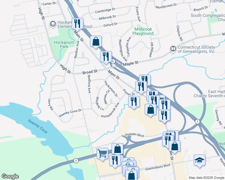 map of restaurants, bars, coffee shops, grocery stores, and more near 108 Hockanum Drive in East Hartford