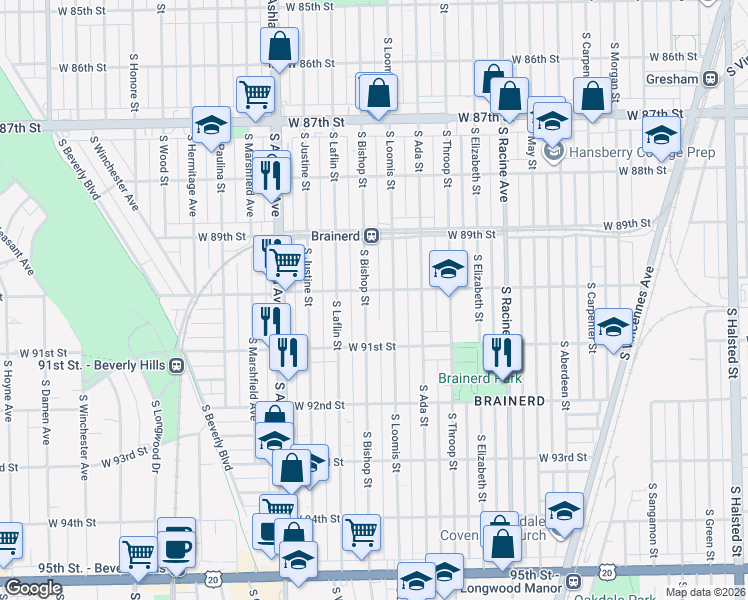 map of restaurants, bars, coffee shops, grocery stores, and more near 1419 West 90th Street in Chicago