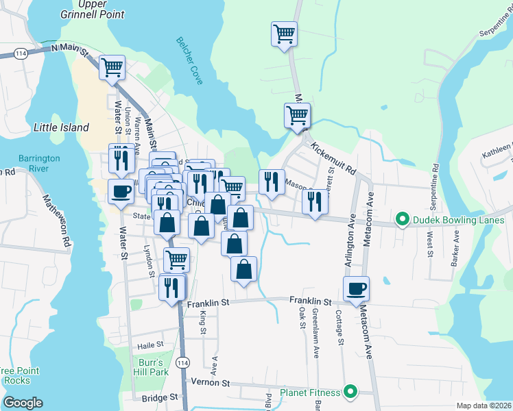 map of restaurants, bars, coffee shops, grocery stores, and more near 174 Rhode Island 103 in Warren