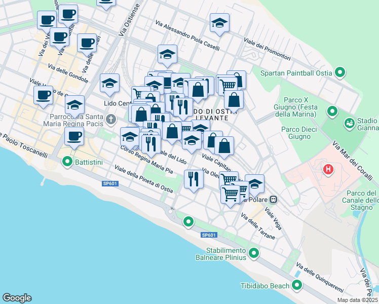 map of restaurants, bars, coffee shops, grocery stores, and more near 100 Viale Paolo Orlando in Lido di Ostia