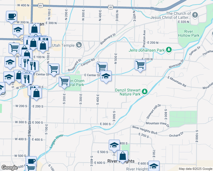 map of restaurants, bars, coffee shops, grocery stores, and more near 89 South 500 East in Logan