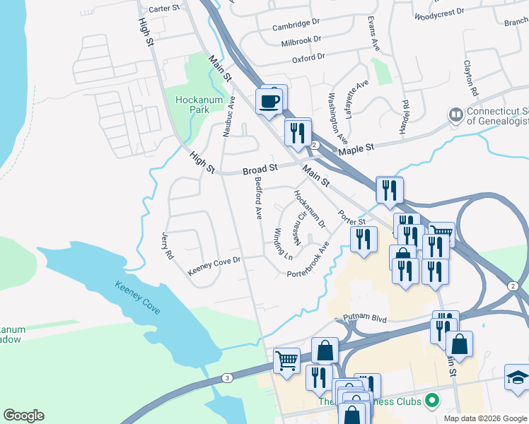 map of restaurants, bars, coffee shops, grocery stores, and more near 55 Bedford Avenue in East Hartford