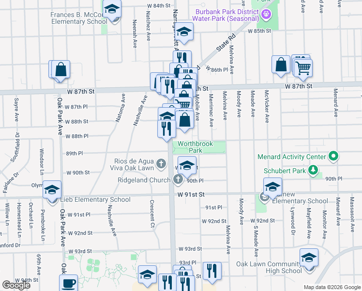 map of restaurants, bars, coffee shops, grocery stores, and more near 89th Place in Oak Lawn