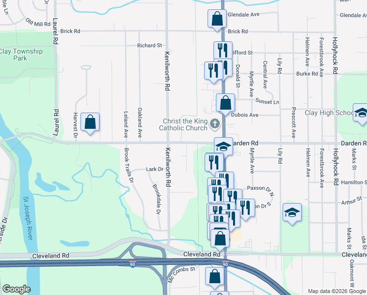 map of restaurants, bars, coffee shops, grocery stores, and more near 19944 Darden Road in South Bend
