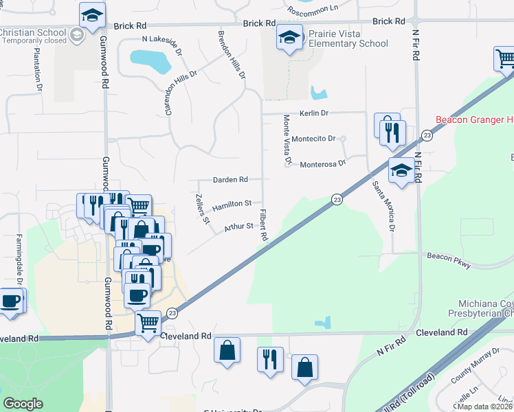 map of restaurants, bars, coffee shops, grocery stores, and more near 15610 Hamilton Street in Granger