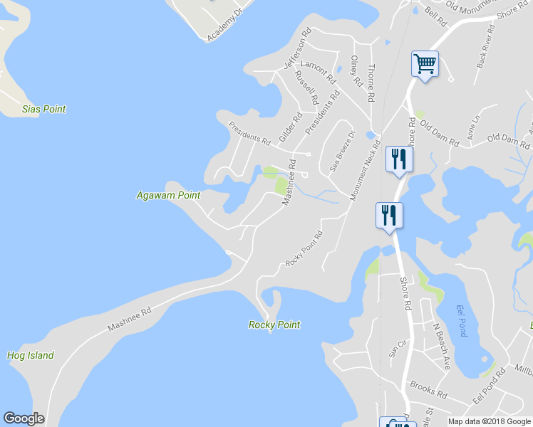 map of restaurants, bars, coffee shops, grocery stores, and more near 44 Mashnee Road in Bourne