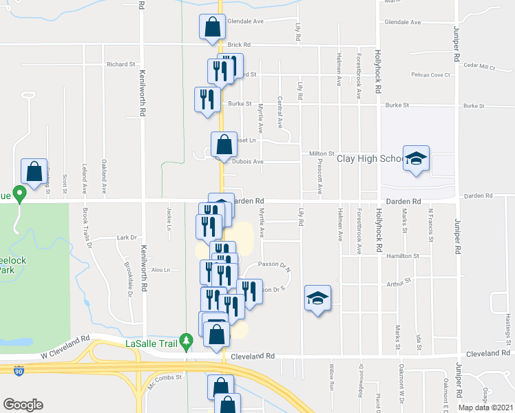 map of restaurants, bars, coffee shops, grocery stores, and more near 19646 Darden Road in South Bend