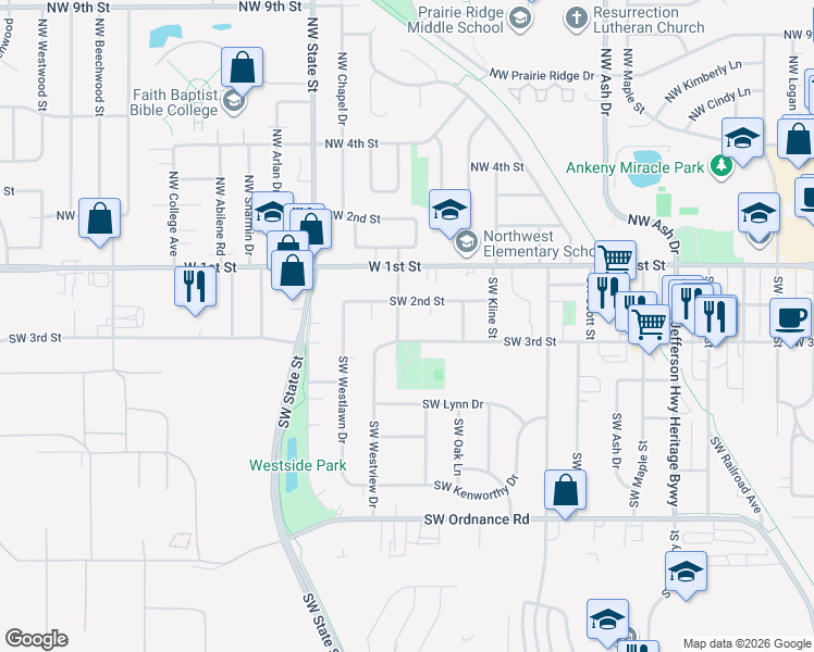 map of restaurants, bars, coffee shops, grocery stores, and more near 223 Southwest Flynn Drive in Ankeny