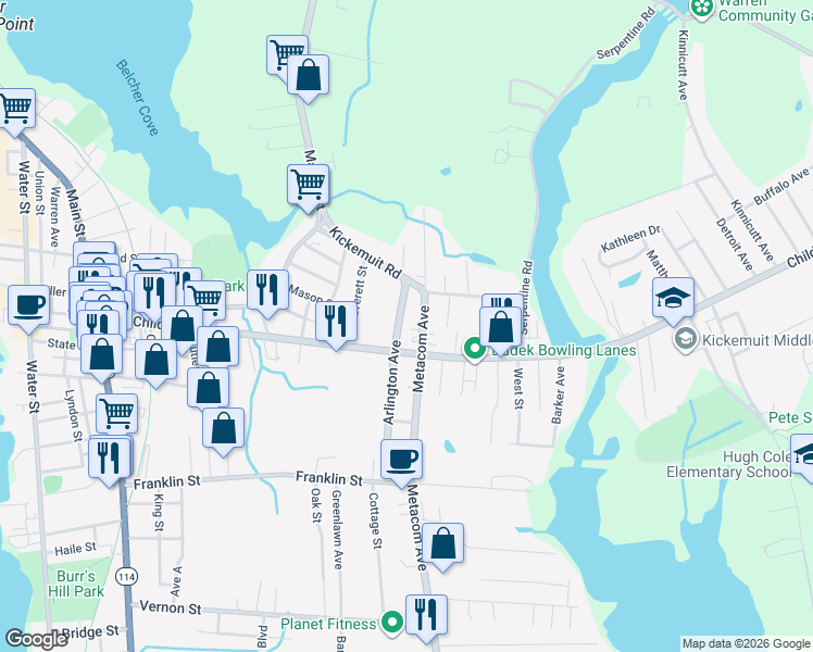map of restaurants, bars, coffee shops, grocery stores, and more near 41 Arlington Avenue in Warren