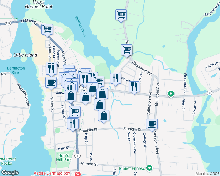 map of restaurants, bars, coffee shops, grocery stores, and more near 174 Rhode Island 103 in Warren