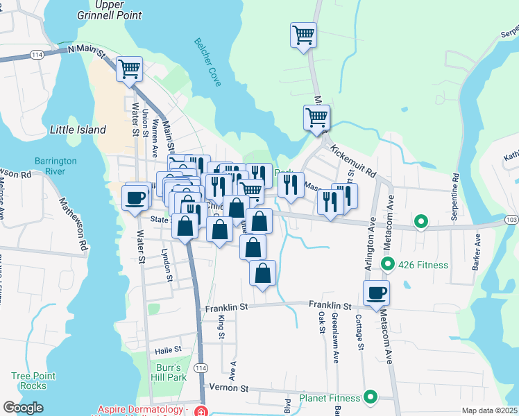 map of restaurants, bars, coffee shops, grocery stores, and more near 174 Rhode Island 103 in Warren