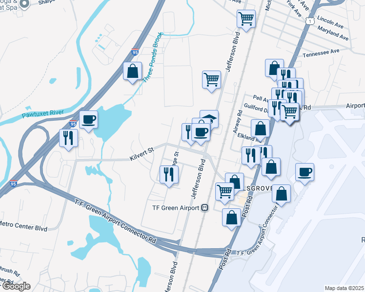 map of restaurants, bars, coffee shops, grocery stores, and more near 183 Kilvert Street in Warwick
