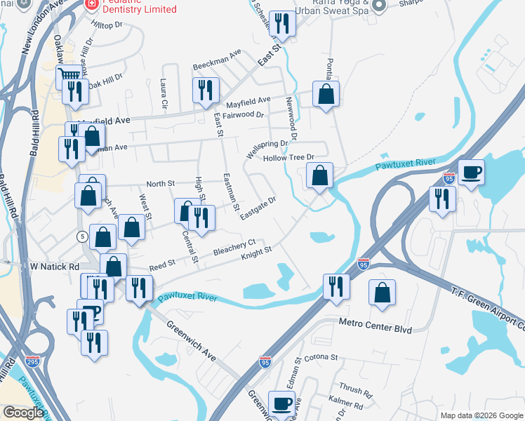 map of restaurants, bars, coffee shops, grocery stores, and more near 112 Eastgate Drive in Warwick