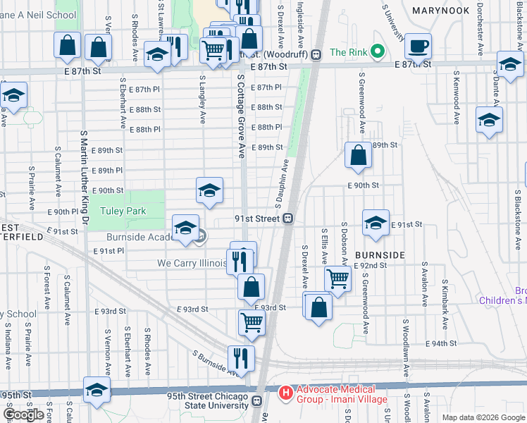 map of restaurants, bars, coffee shops, grocery stores, and more near 9040 South Dauphin Avenue in Chicago