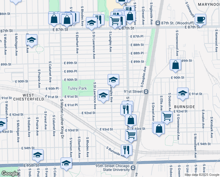 map of restaurants, bars, coffee shops, grocery stores, and more near 647 East 90th Place in Chicago