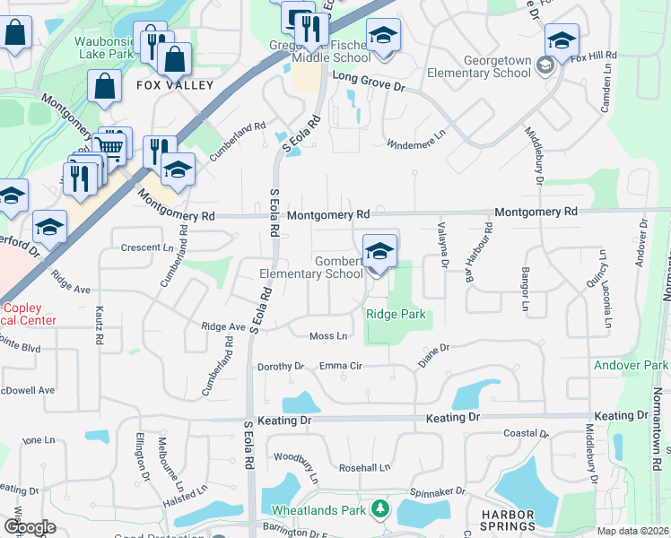 map of restaurants, bars, coffee shops, grocery stores, and more near 1464 Farrington Lane in Aurora