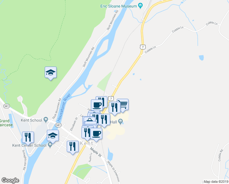 map of restaurants, bars, coffee shops, grocery stores, and more near 89 North Main Street in Kent