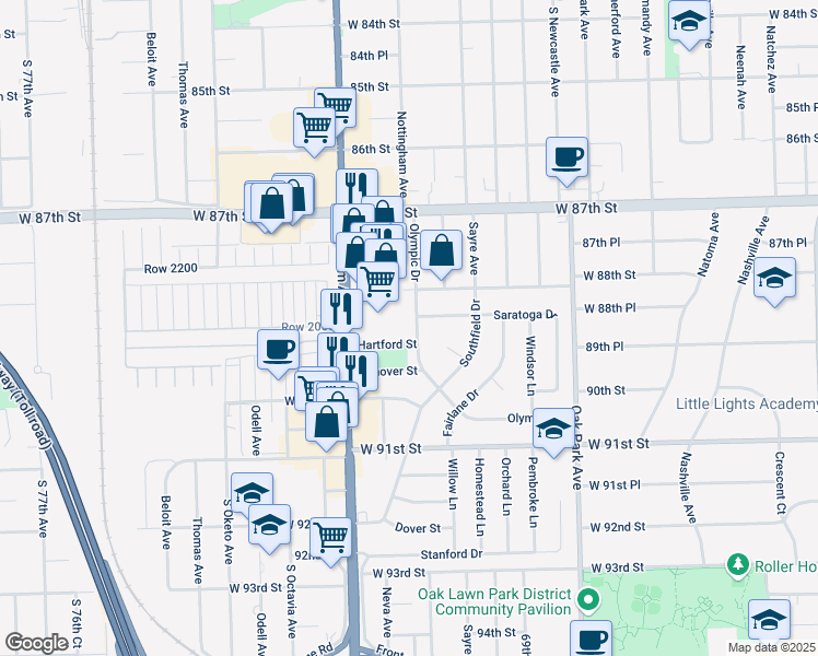 map of restaurants, bars, coffee shops, grocery stores, and more near 8900 Olympic Drive in Bridgeview