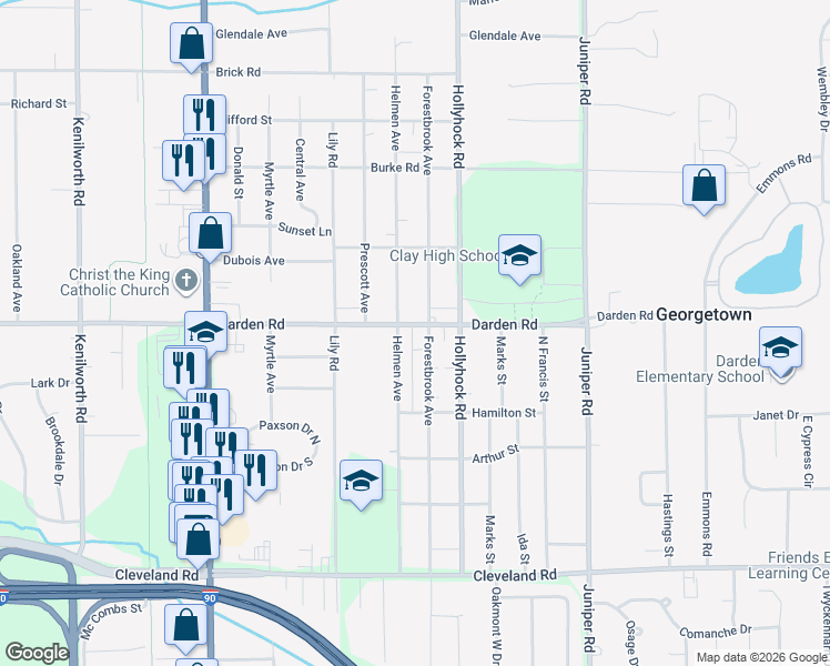 map of restaurants, bars, coffee shops, grocery stores, and more near 19346 Darden Road in South Bend