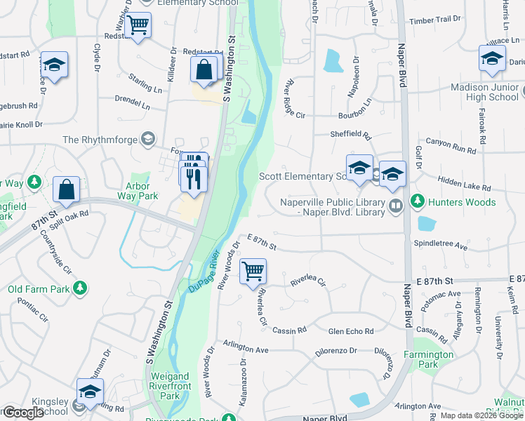 map of restaurants, bars, coffee shops, grocery stores, and more near 215 Winslow Court in Naperville