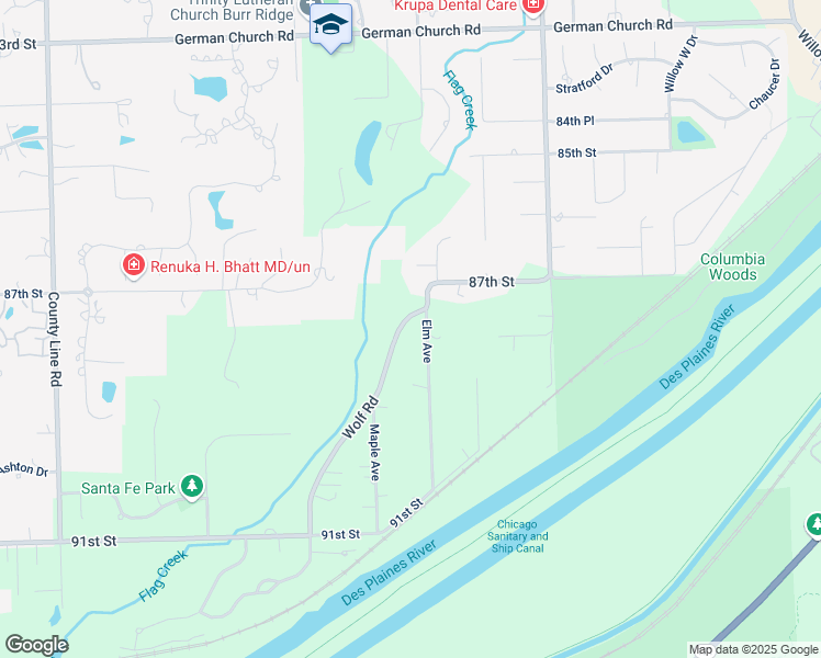 map of restaurants, bars, coffee shops, grocery stores, and more near 8800 Wolf Road in Burr Ridge