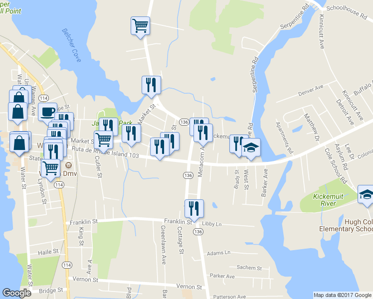 map of restaurants, bars, coffee shops, grocery stores, and more near 41 Arlington Avenue in Warren