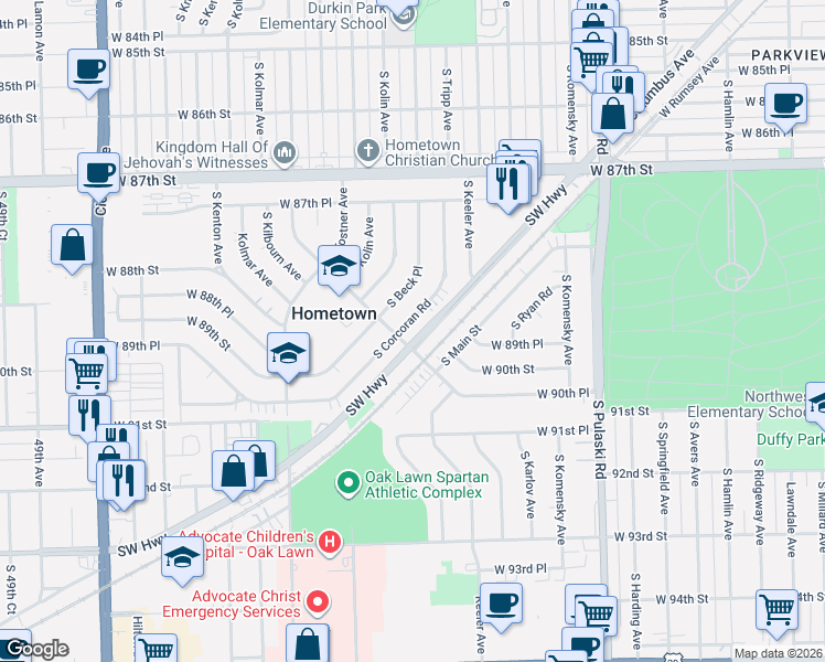 map of restaurants, bars, coffee shops, grocery stores, and more near 8881 South Corcoran Road in Hometown