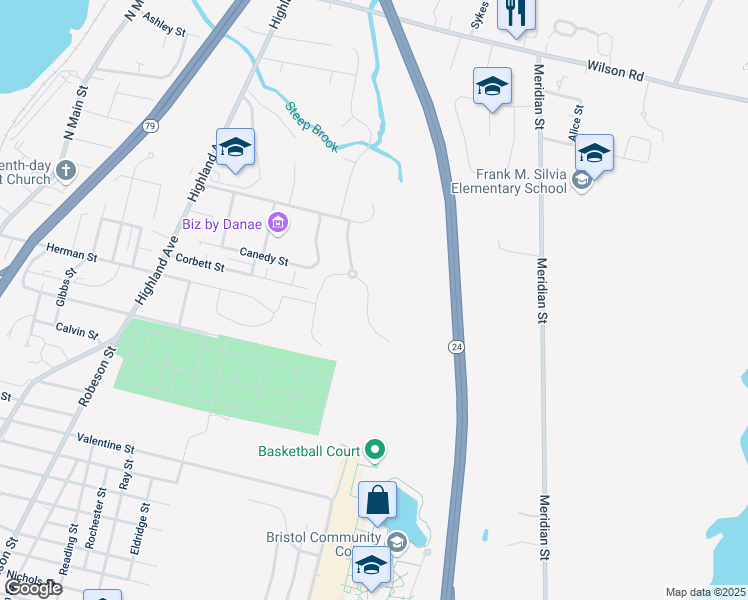 map of restaurants, bars, coffee shops, grocery stores, and more near 25 Canedy Street in Fall River