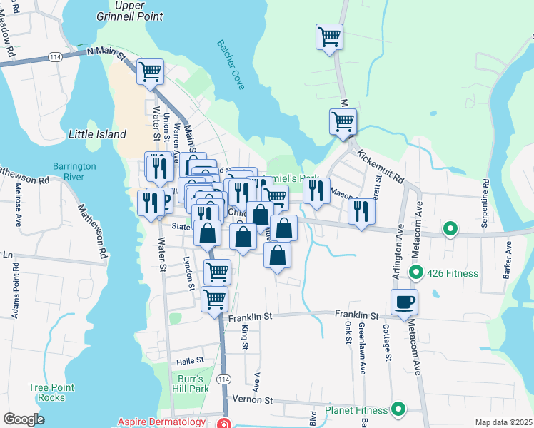 map of restaurants, bars, coffee shops, grocery stores, and more near 126 Rhode Island 103 in Warren