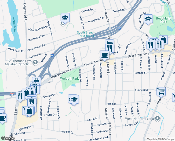 map of restaurants, bars, coffee shops, grocery stores, and more near 18 Thorne Road in West Hartford
