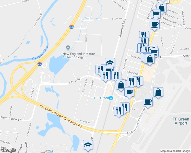 map of restaurants, bars, coffee shops, grocery stores, and more near 183 Kilvert Street in Warwick