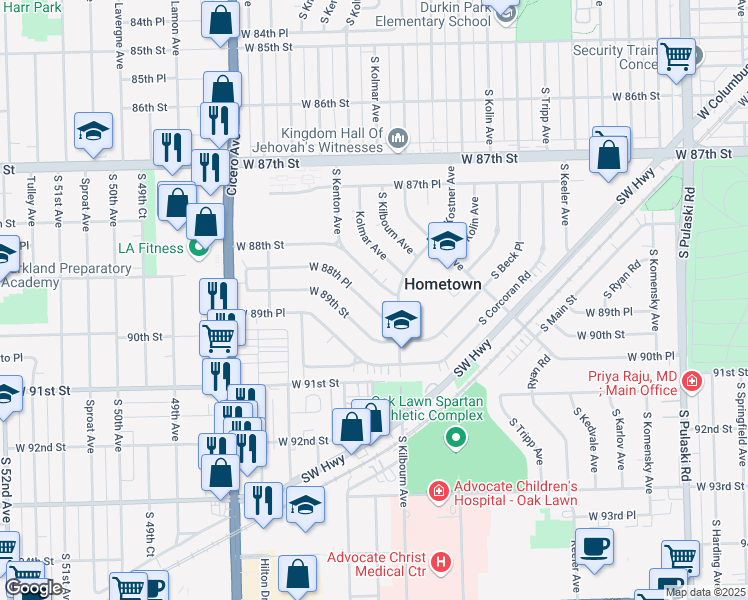 map of restaurants, bars, coffee shops, grocery stores, and more near 4518 West 88th Place in Hometown