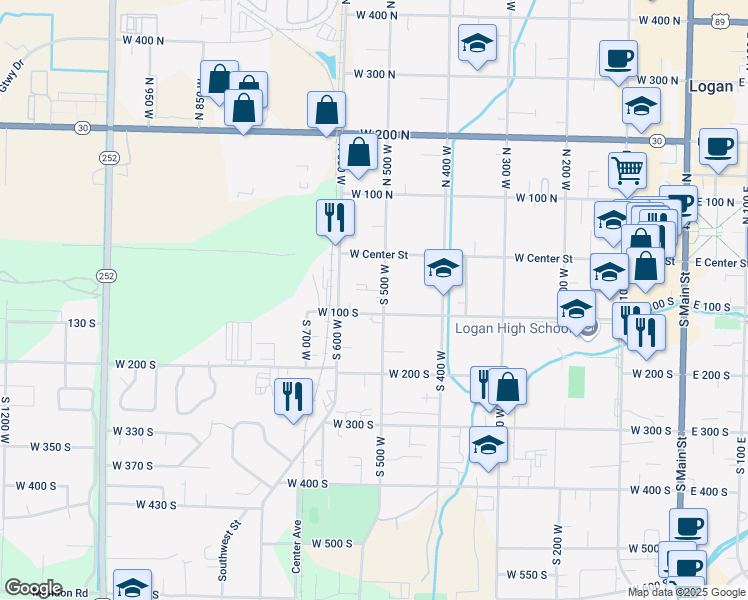 map of restaurants, bars, coffee shops, grocery stores, and more near 83 South 500 West in Logan