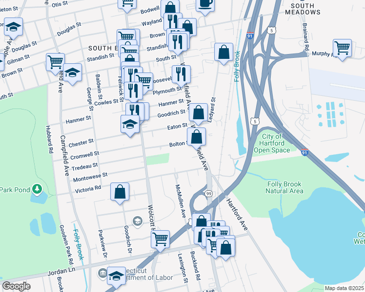map of restaurants, bars, coffee shops, grocery stores, and more near 21 Bolton Street in Hartford