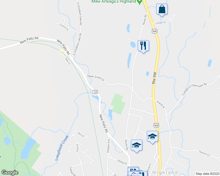 map of restaurants, bars, coffee shops, grocery stores, and more near 156 Upper Grand Street in Highland