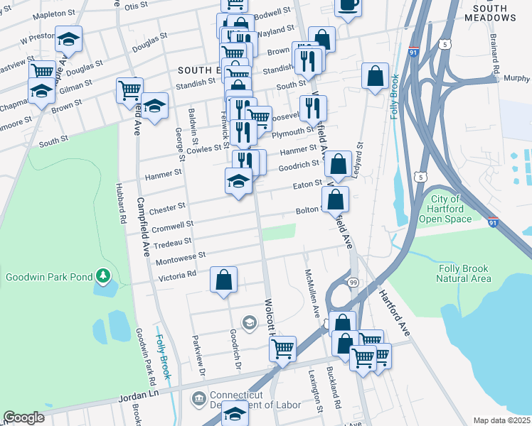 map of restaurants, bars, coffee shops, grocery stores, and more near 12 Bolton Street in Hartford