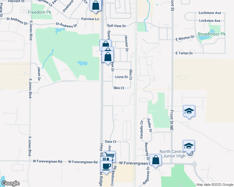 map of restaurants, bars, coffee shops, grocery stores, and more near 410 Ashley Court in North Liberty