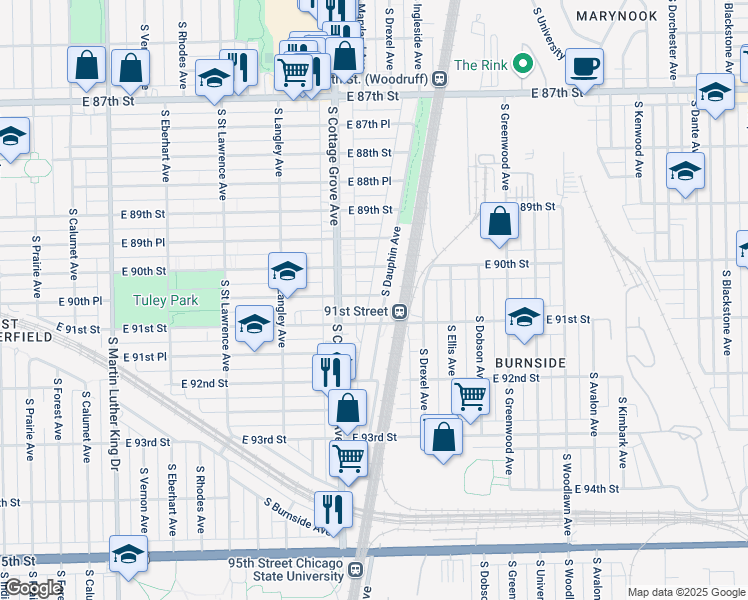map of restaurants, bars, coffee shops, grocery stores, and more near 9040 South Dauphin Avenue in Chicago