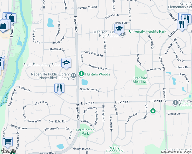 map of restaurants, bars, coffee shops, grocery stores, and more near 2025 Dichtl Court in Naperville