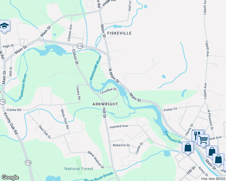 map of restaurants, bars, coffee shops, grocery stores, and more near 1 Hill Road in Coventry
