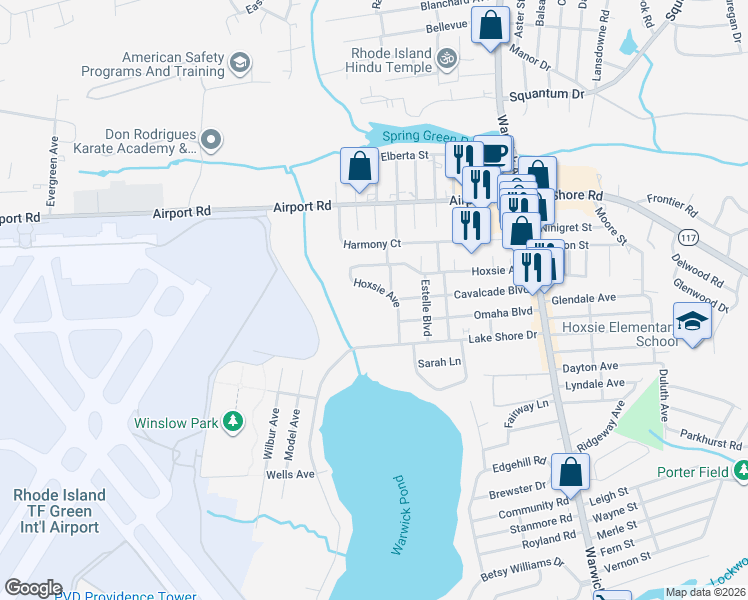 map of restaurants, bars, coffee shops, grocery stores, and more near 287 Hoxsie Avenue in Warwick