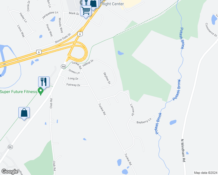 map of restaurants, bars, coffee shops, grocery stores, and more near 59 Hilltop Drive in Windham