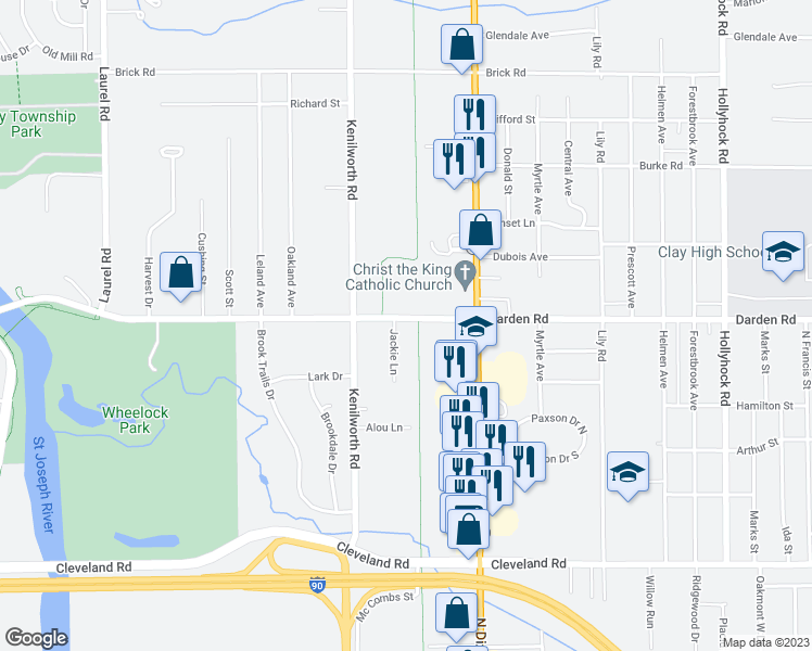 map of restaurants, bars, coffee shops, grocery stores, and more near 19910 Darden Road in South Bend