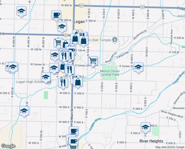map of restaurants, bars, coffee shops, grocery stores, and more near 148 Water Street in Logan