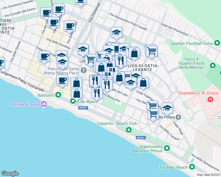 map of restaurants, bars, coffee shops, grocery stores, and more near 134 Via P. Rosa in Ostia