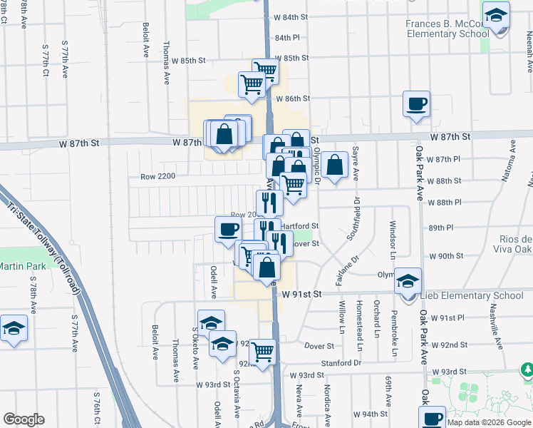 map of restaurants, bars, coffee shops, grocery stores, and more near 8800 Harlem Avenue in Bridgeview