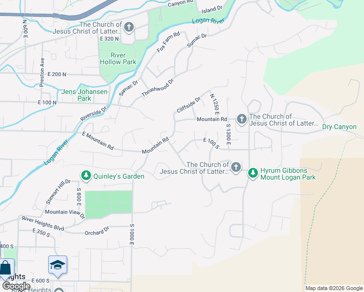 map of restaurants, bars, coffee shops, grocery stores, and more near 1155 East 100 North in Logan