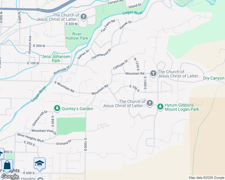 map of restaurants, bars, coffee shops, grocery stores, and more near 1155 East 100 North in Logan